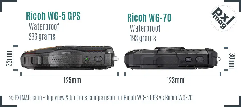 Ricoh WG-5 GPS vs Ricoh WG-70 top view buttons comparison