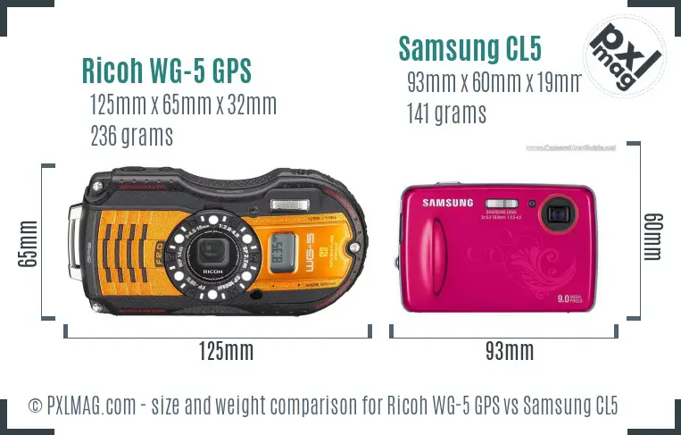 Ricoh WG-5 GPS vs Samsung CL5 size comparison