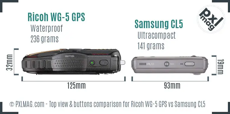 Ricoh WG-5 GPS vs Samsung CL5 top view buttons comparison