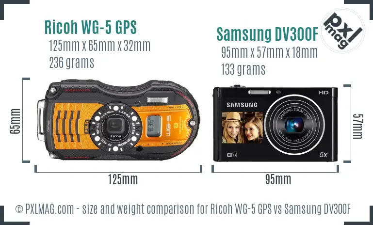 Ricoh WG-5 GPS vs Samsung DV300F size comparison