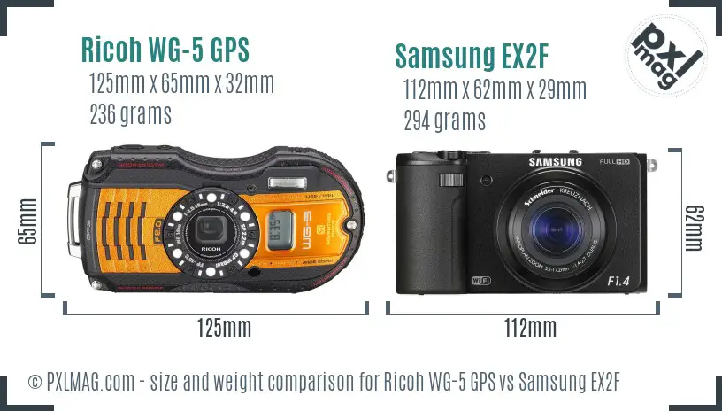 Ricoh WG-5 GPS vs Samsung EX2F size comparison