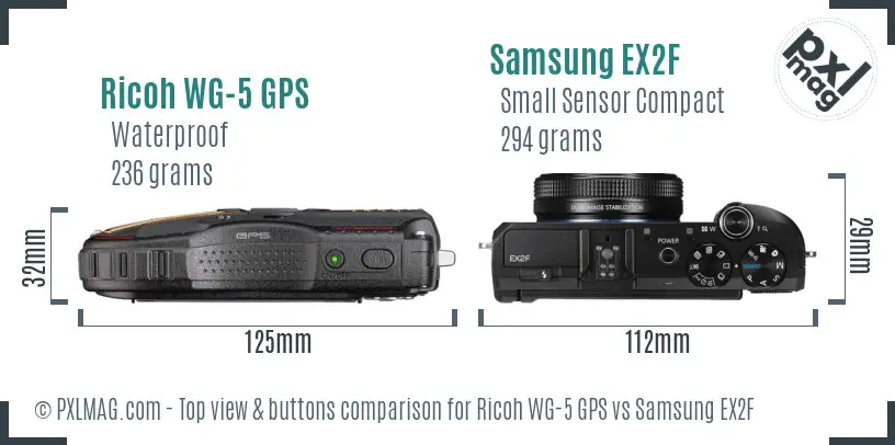 Ricoh WG-5 GPS vs Samsung EX2F top view buttons comparison