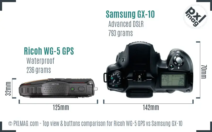 Ricoh WG-5 GPS vs Samsung GX-10 top view buttons comparison