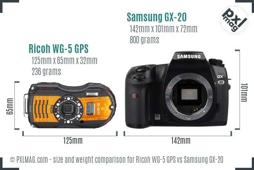 Ricoh WG-5 GPS vs Samsung GX-20 size comparison