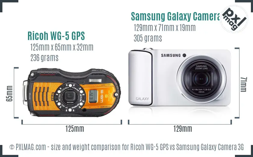 Ricoh WG-5 GPS vs Samsung Galaxy Camera 3G size comparison