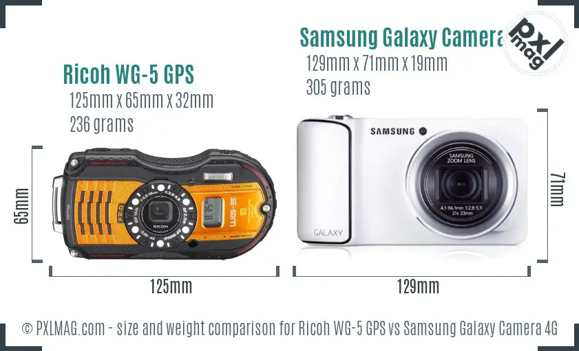 Ricoh WG-5 GPS vs Samsung Galaxy Camera 4G size comparison