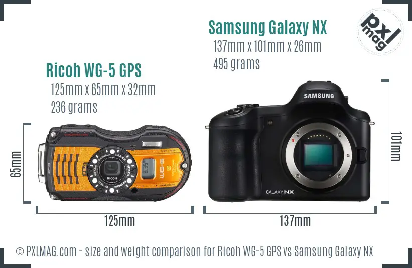 Ricoh WG-5 GPS vs Samsung Galaxy NX size comparison
