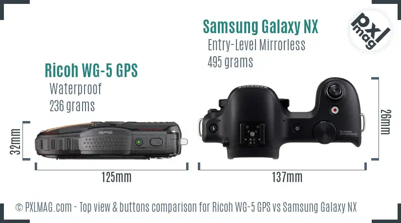 Ricoh WG-5 GPS vs Samsung Galaxy NX top view buttons comparison