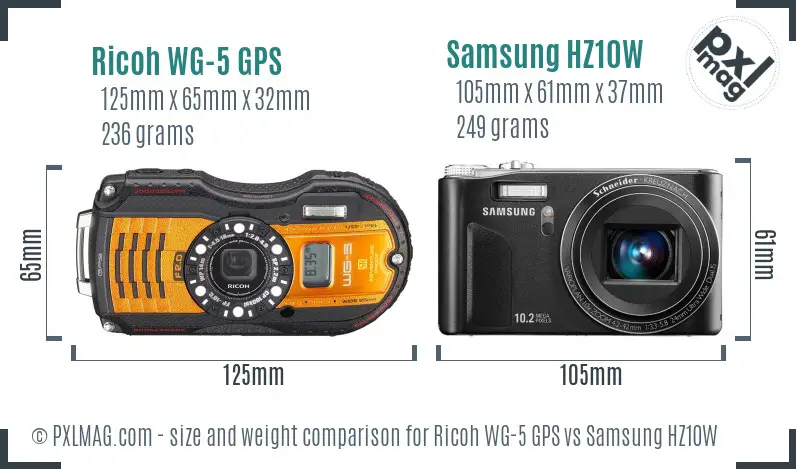 Ricoh WG-5 GPS vs Samsung HZ10W size comparison