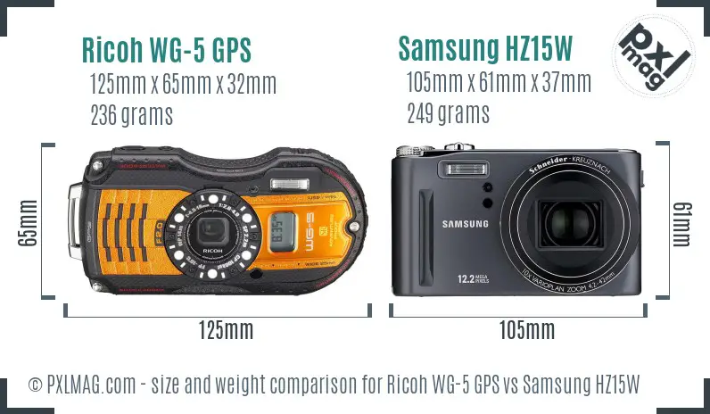 Ricoh WG-5 GPS vs Samsung HZ15W size comparison