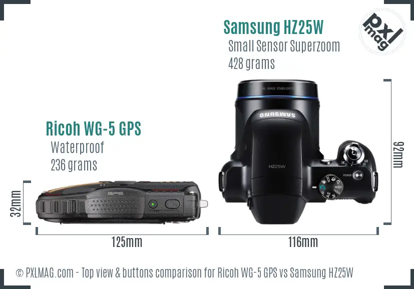 Ricoh WG-5 GPS vs Samsung HZ25W top view buttons comparison