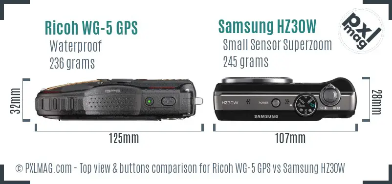 Ricoh WG-5 GPS vs Samsung HZ30W top view buttons comparison