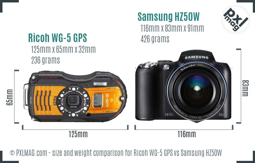 Ricoh WG-5 GPS vs Samsung HZ50W size comparison