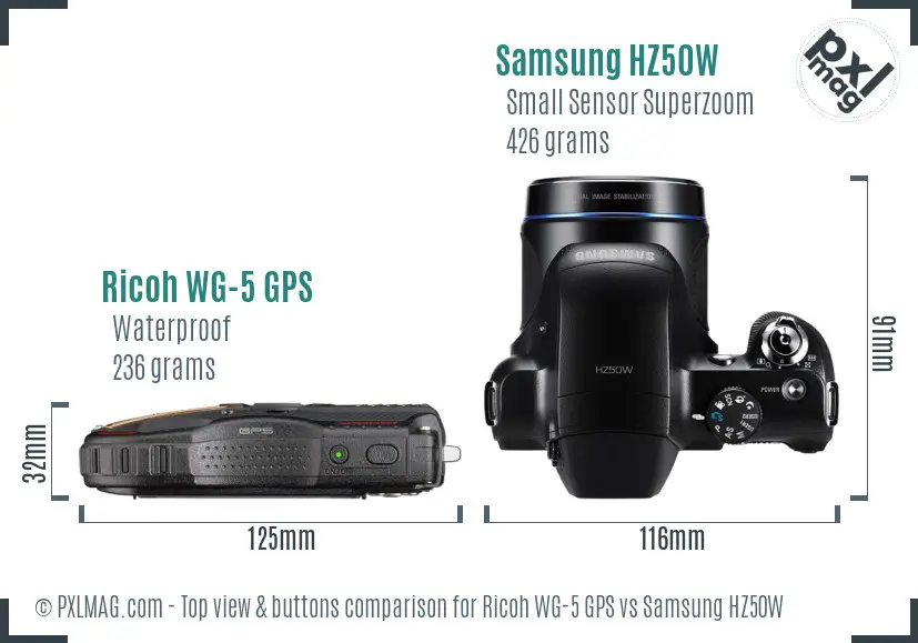Ricoh WG-5 GPS vs Samsung HZ50W top view buttons comparison
