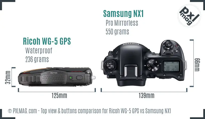 Ricoh WG-5 GPS vs Samsung NX1 top view buttons comparison