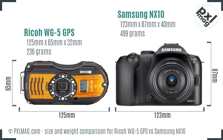 Ricoh WG-5 GPS vs Samsung NX10 size comparison