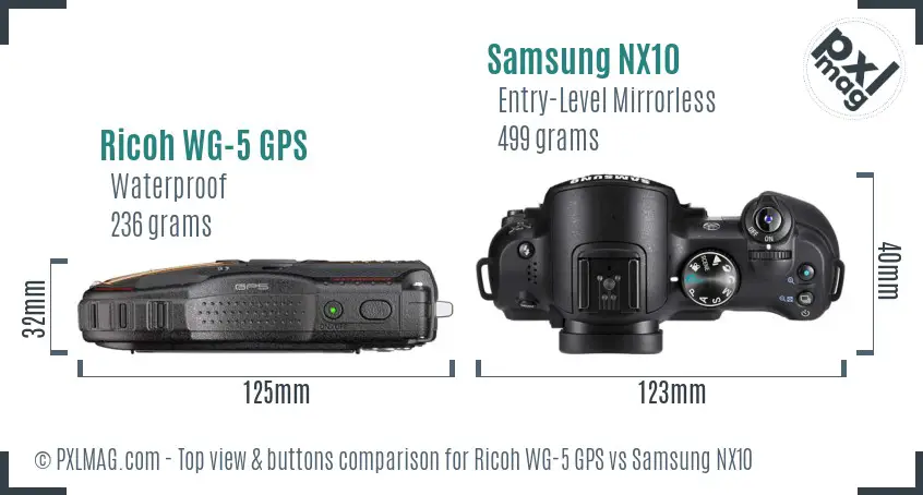 Ricoh WG-5 GPS vs Samsung NX10 top view buttons comparison