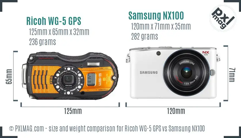 Ricoh WG-5 GPS vs Samsung NX100 size comparison
