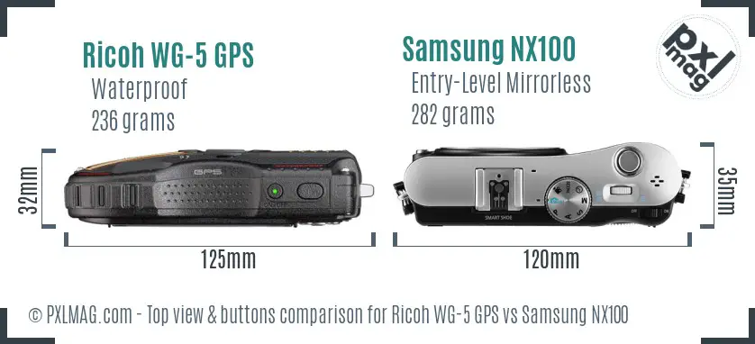 Ricoh WG-5 GPS vs Samsung NX100 top view buttons comparison