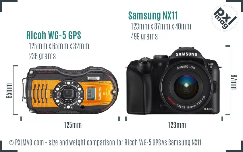 Ricoh WG-5 GPS vs Samsung NX11 size comparison