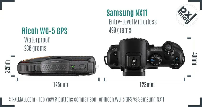 Ricoh WG-5 GPS vs Samsung NX11 top view buttons comparison