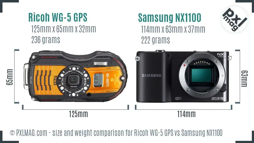 Ricoh WG-5 GPS vs Samsung NX1100 size comparison