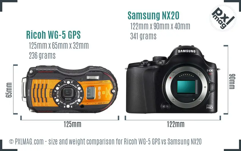 Ricoh WG-5 GPS vs Samsung NX20 size comparison