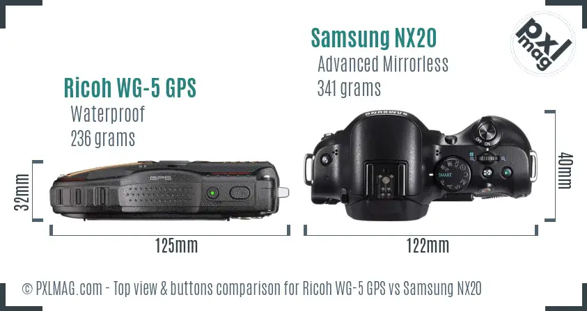 Ricoh WG-5 GPS vs Samsung NX20 top view buttons comparison