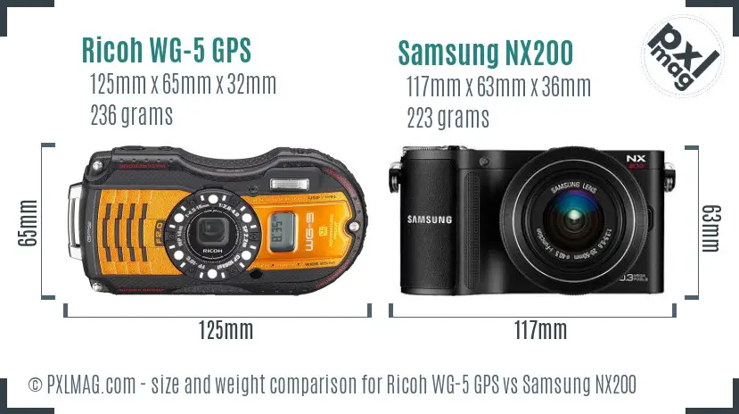 Ricoh WG-5 GPS vs Samsung NX200 size comparison