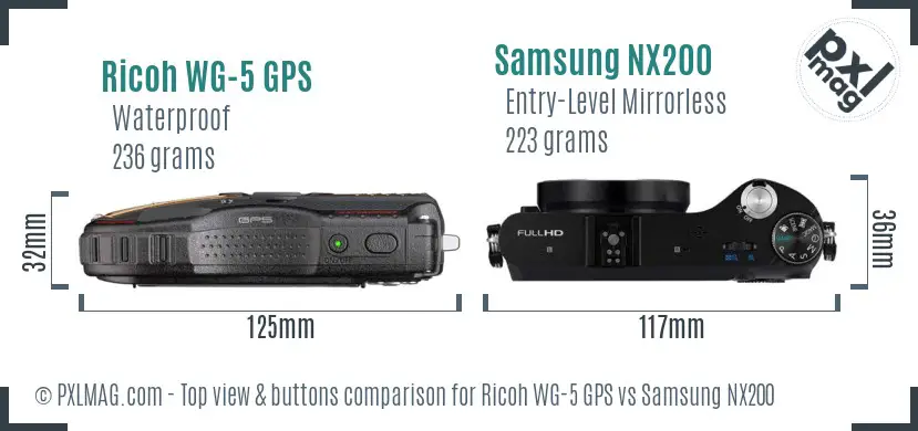 Ricoh WG-5 GPS vs Samsung NX200 top view buttons comparison