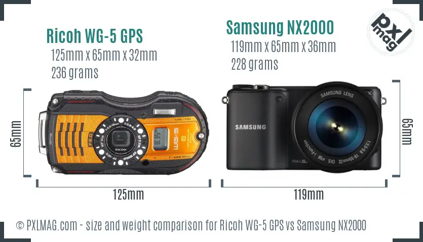 Ricoh WG-5 GPS vs Samsung NX2000 size comparison