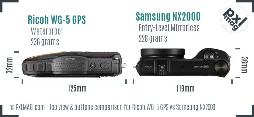 Ricoh WG-5 GPS vs Samsung NX2000 top view buttons comparison