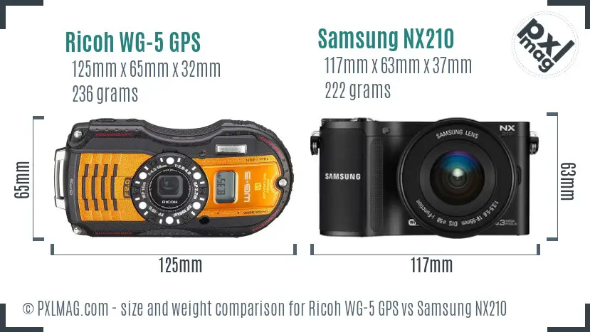 Ricoh WG-5 GPS vs Samsung NX210 size comparison