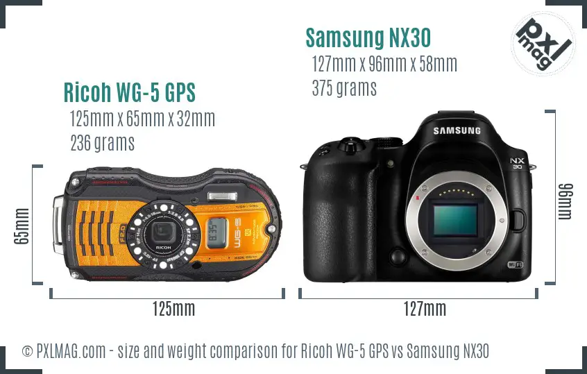 Ricoh WG-5 GPS vs Samsung NX30 size comparison
