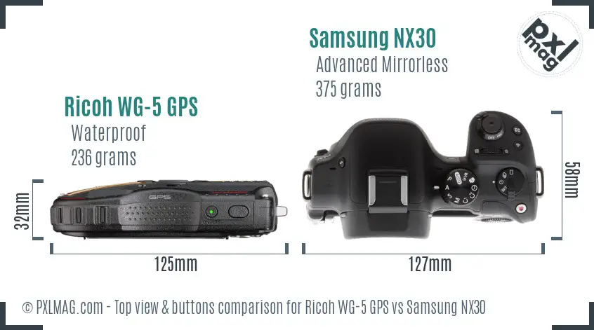 Ricoh WG-5 GPS vs Samsung NX30 top view buttons comparison
