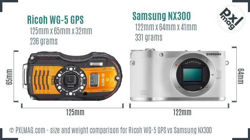 Ricoh WG-5 GPS vs Samsung NX300 size comparison
