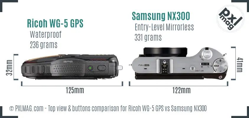 Ricoh WG-5 GPS vs Samsung NX300 top view buttons comparison
