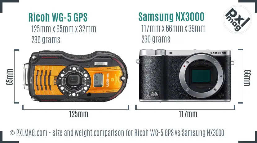 Ricoh WG-5 GPS vs Samsung NX3000 size comparison
