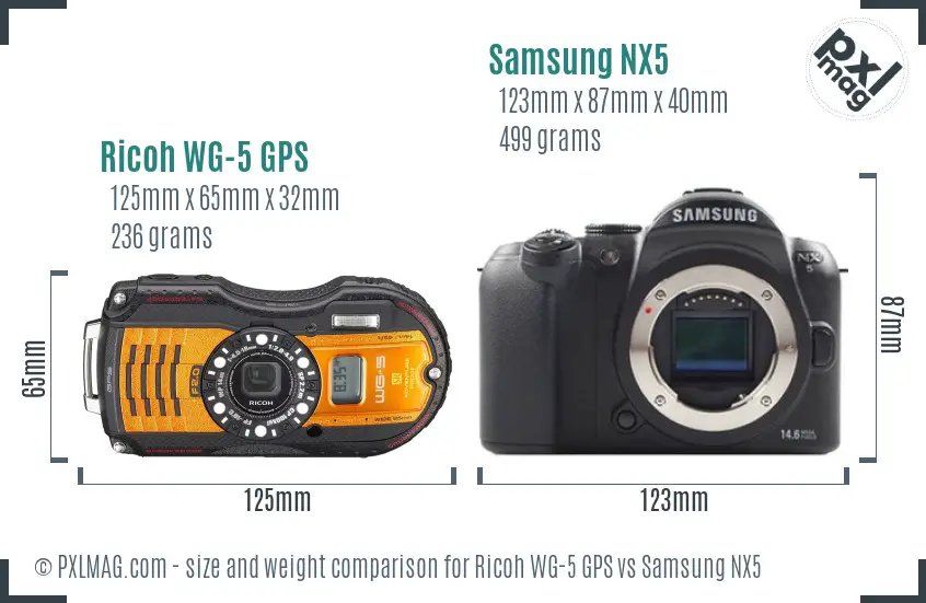 Ricoh WG-5 GPS vs Samsung NX5 size comparison