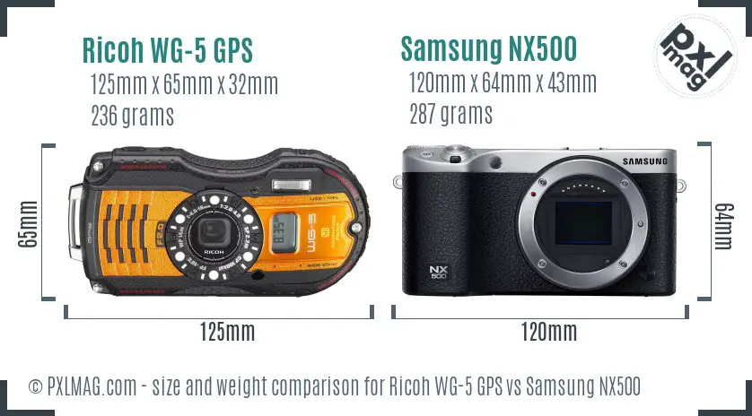 Ricoh WG-5 GPS vs Samsung NX500 size comparison