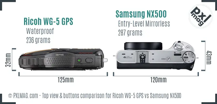 Ricoh WG-5 GPS vs Samsung NX500 top view buttons comparison