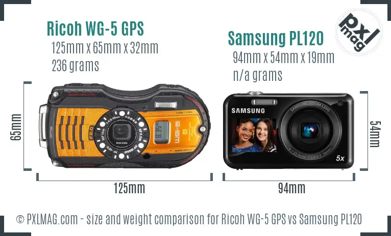 Ricoh WG-5 GPS vs Samsung PL120 size comparison