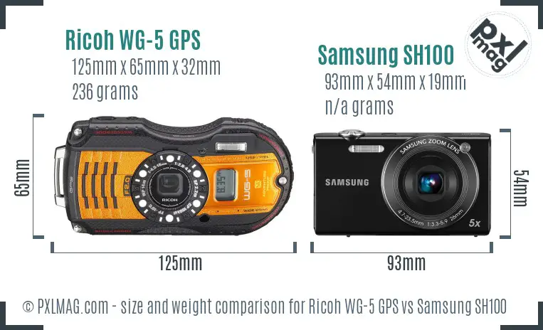 Ricoh WG-5 GPS vs Samsung SH100 size comparison