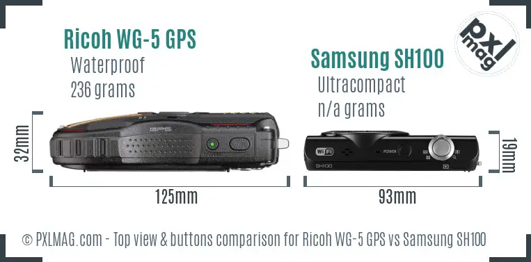 Ricoh WG-5 GPS vs Samsung SH100 top view buttons comparison