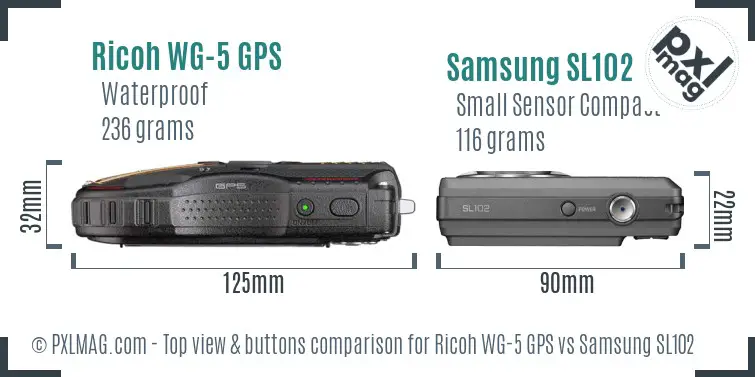 Ricoh WG-5 GPS vs Samsung SL102 top view buttons comparison