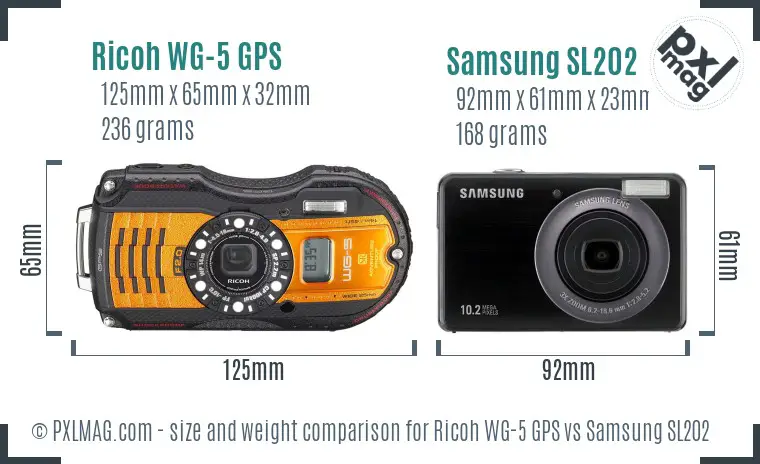 Ricoh WG-5 GPS vs Samsung SL202 size comparison