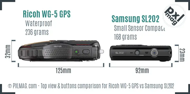 Ricoh WG-5 GPS vs Samsung SL202 top view buttons comparison