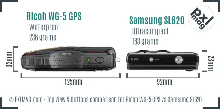 Ricoh WG-5 GPS vs Samsung SL620 top view buttons comparison