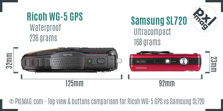 Ricoh WG-5 GPS vs Samsung SL720 top view buttons comparison