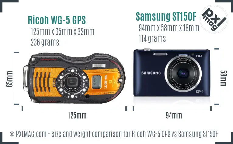 Ricoh WG-5 GPS vs Samsung ST150F size comparison